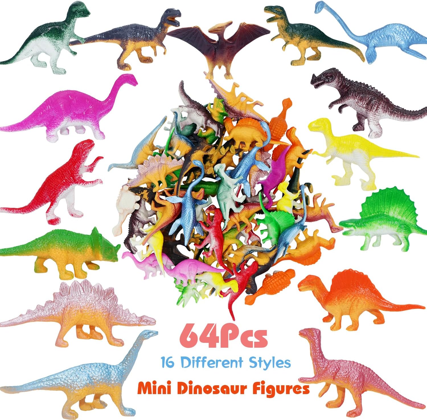 64Pcs Mini Dinosaur Figures, Assorted Small Plastic Dinosaur Toys for Cake Toppers Easter Eggs Filler