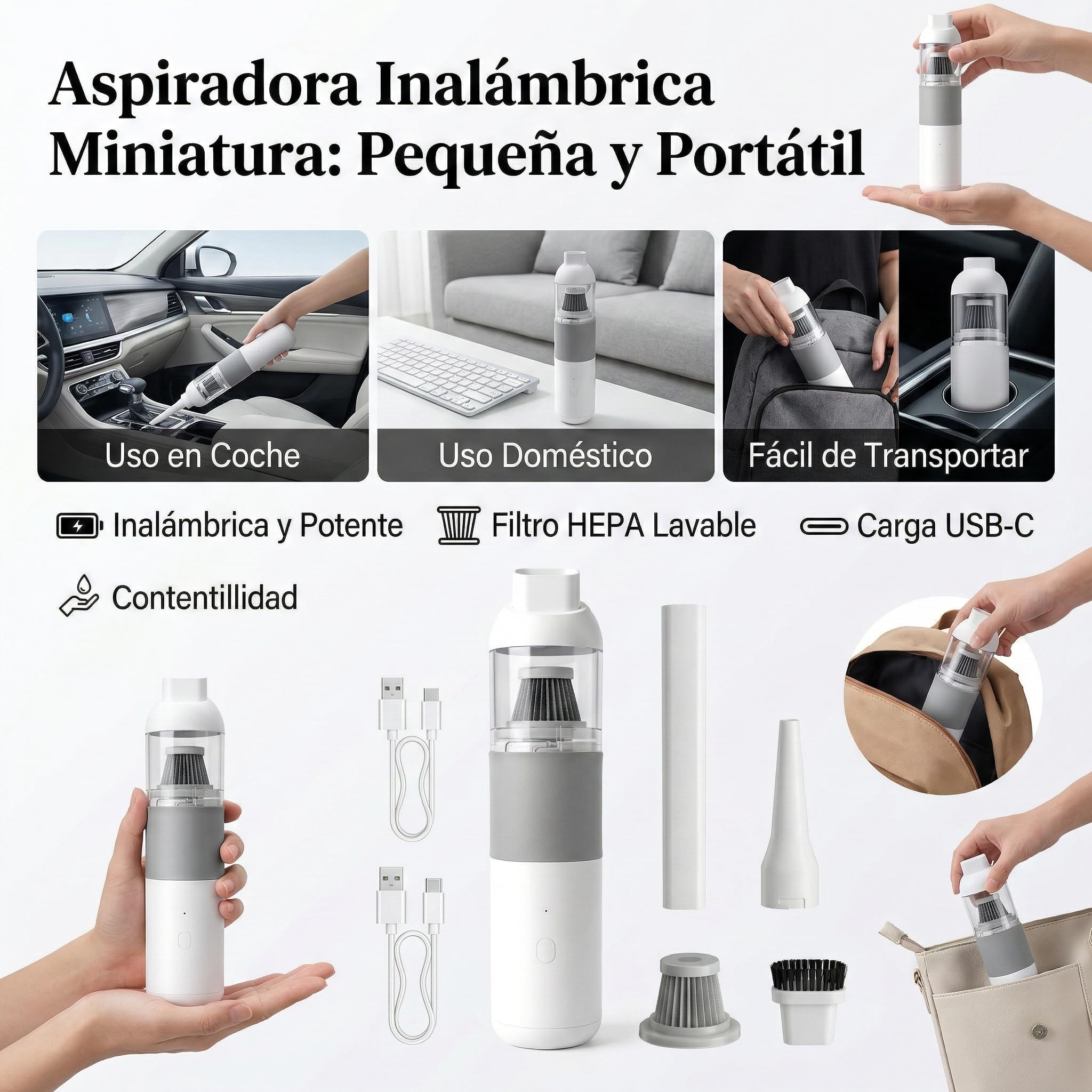 Genérico Aspiradora Sin Cable Coche 15000Pa, Aspirador 2 en 1 con Soplador para Coche y Hogar, Mini Aspiradora de Mano Potente con 2 Baterías Recargables y Kit Accesorios