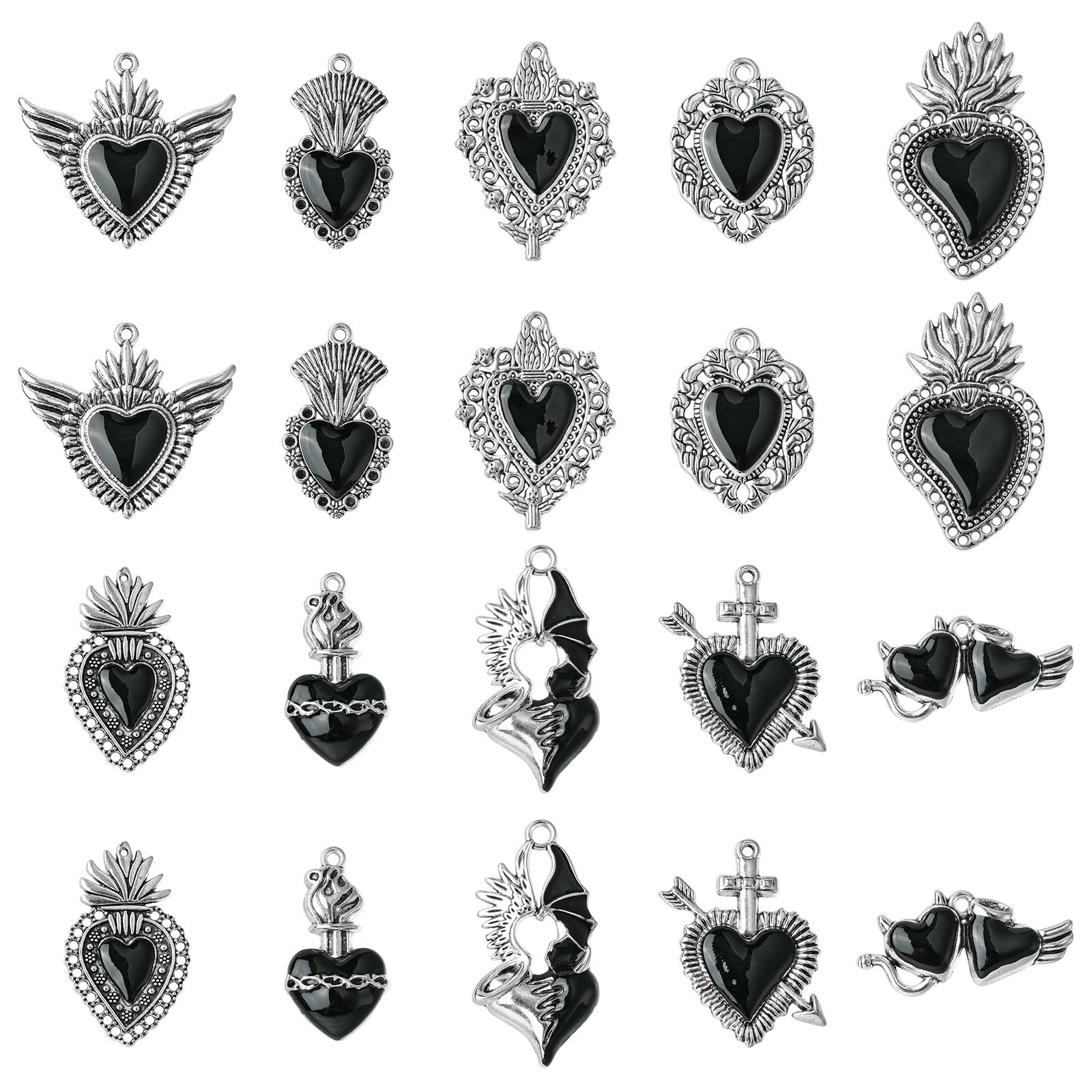 Stiesy 20Pcs 10 Styles Black Gothic Heart Charms Heart with Wing Sword Enamel Charm Love Antique Silver Dangle Pendants Bulk for Jewellery Making DIY Crafts Necklace Earring Valentine's Day Gift — image 1
