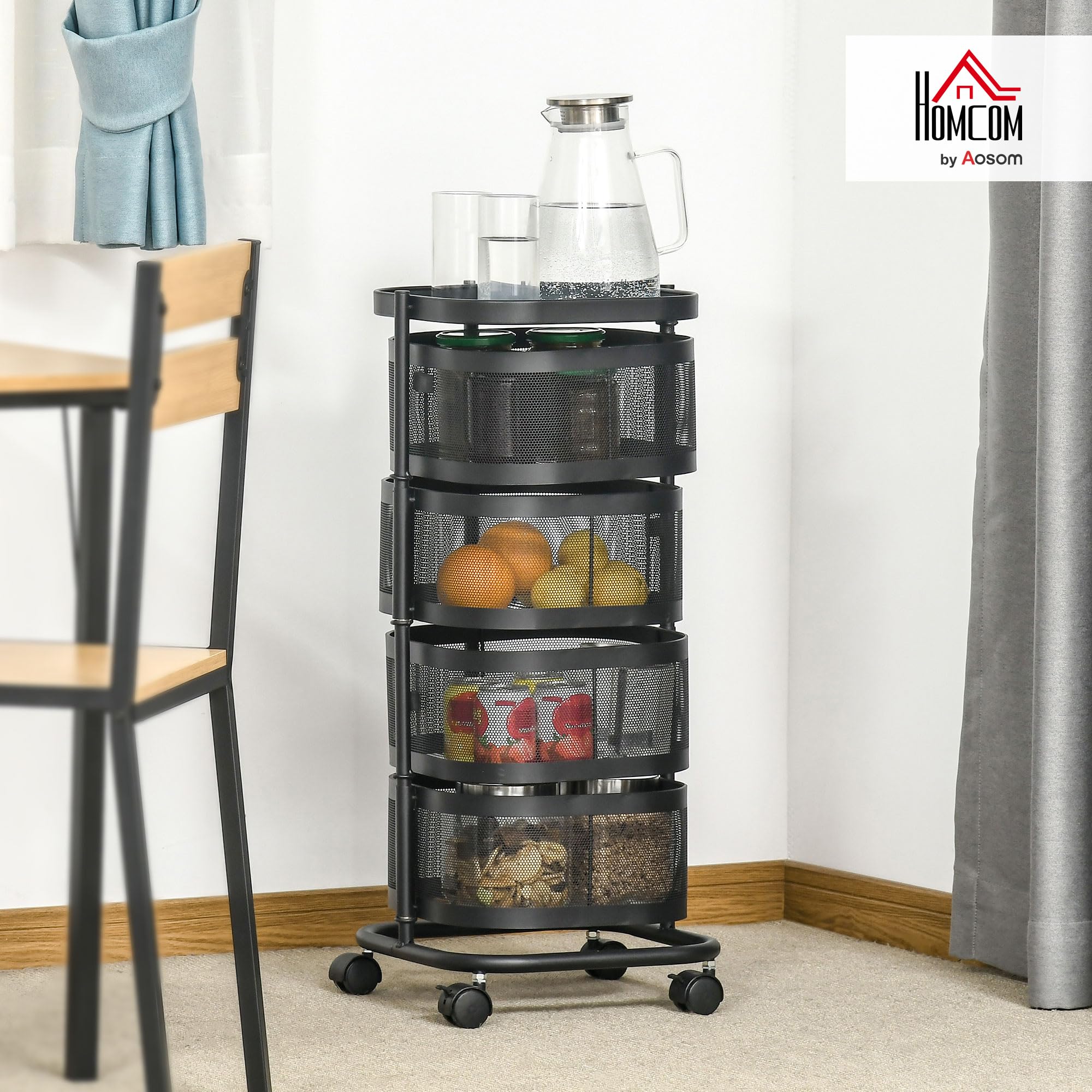 HOMCOM Carrito Auxiliar con Ruedas de 5 Niveles, Carrito de Cocina con 4 Cestas de Almacenamiento Giratorias 270° y Bandeja Superior, para Frutas, Verduras, Utensilios, 33x33x77 cm, Negro