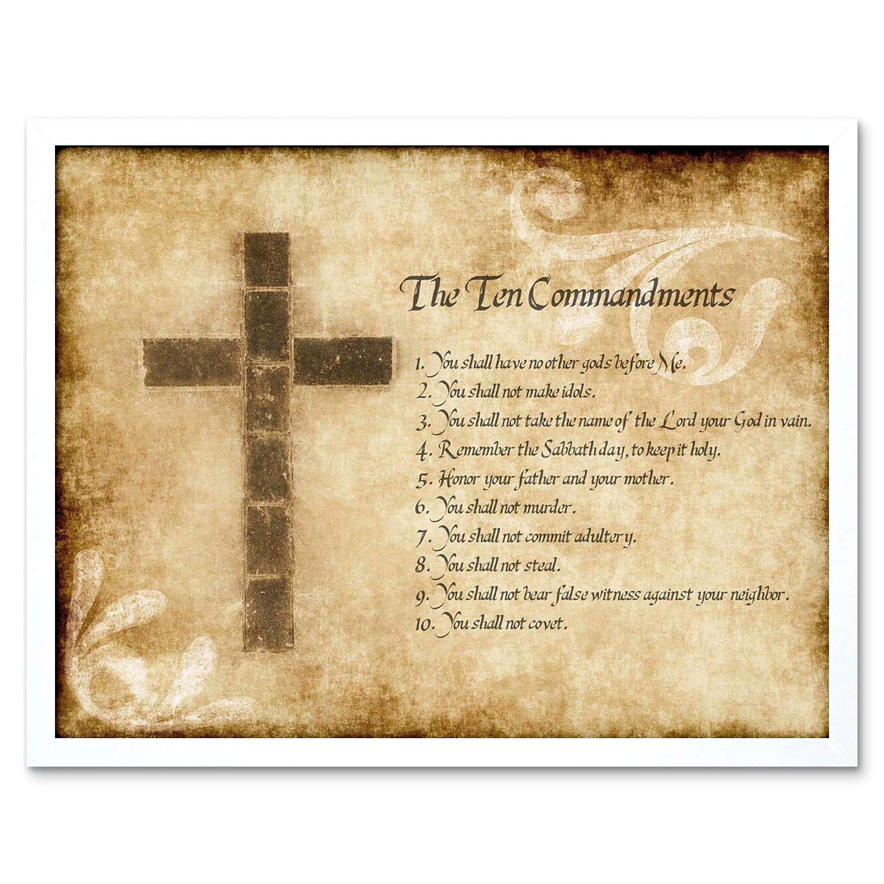 Ten Commandments Wall Art Print - Christian Typography Art - Framed - White - W12 x H16 inch