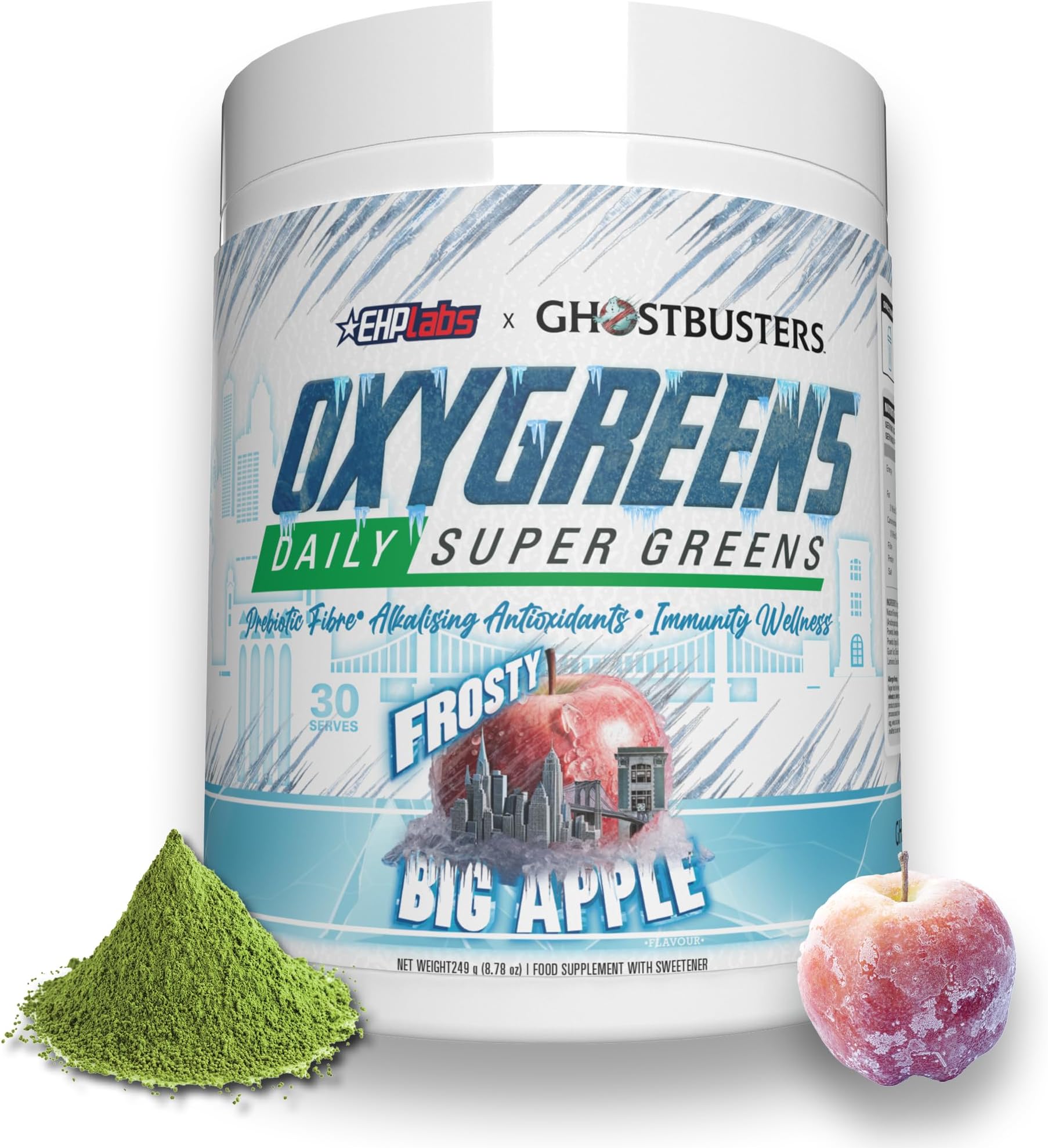 EHPlabs x Ghostbusters: Frozen Empire: OxyGreens, Super Greens Powder Superfood - Spirulina Powder & Greens Supplements with Prebiotic Fibre, Antioxidants & Immunity Support, Frosty Big Apple 30 Serve