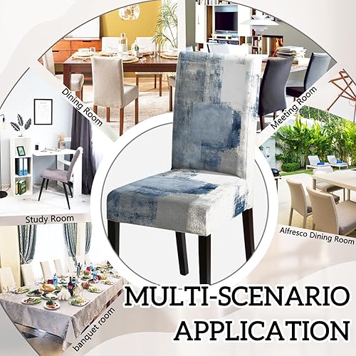 Miniatura 6 de MCALK Juego de 4 fundas azules para sillas y camino de mesa, fundas elásticas grises para cocina, protector de silla extraíble lavable y moderno