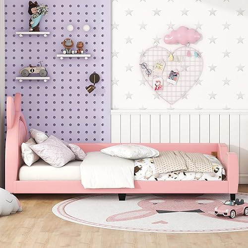 Miniatura 4 de Cama tamaño individual tapizada rosa con cabecero copetudo en forma de orejas, base de cama de plataforma baja con rieles para niños, niñas, niños y