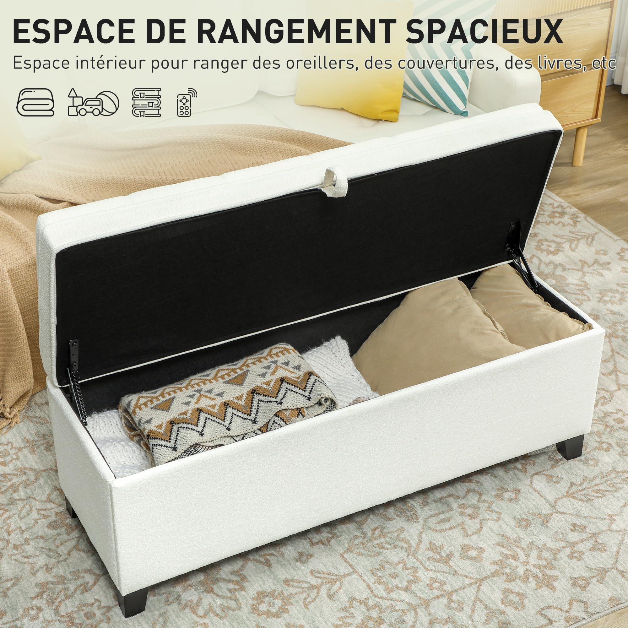 HOMCOM Panca portaoggetti 112L Panca da letto Cassapanca portaoggetti con seduta imbottita, tessuto di lino per soggiorno, camera da letto, ingresso, 120 x 40 x 48 cm, crema