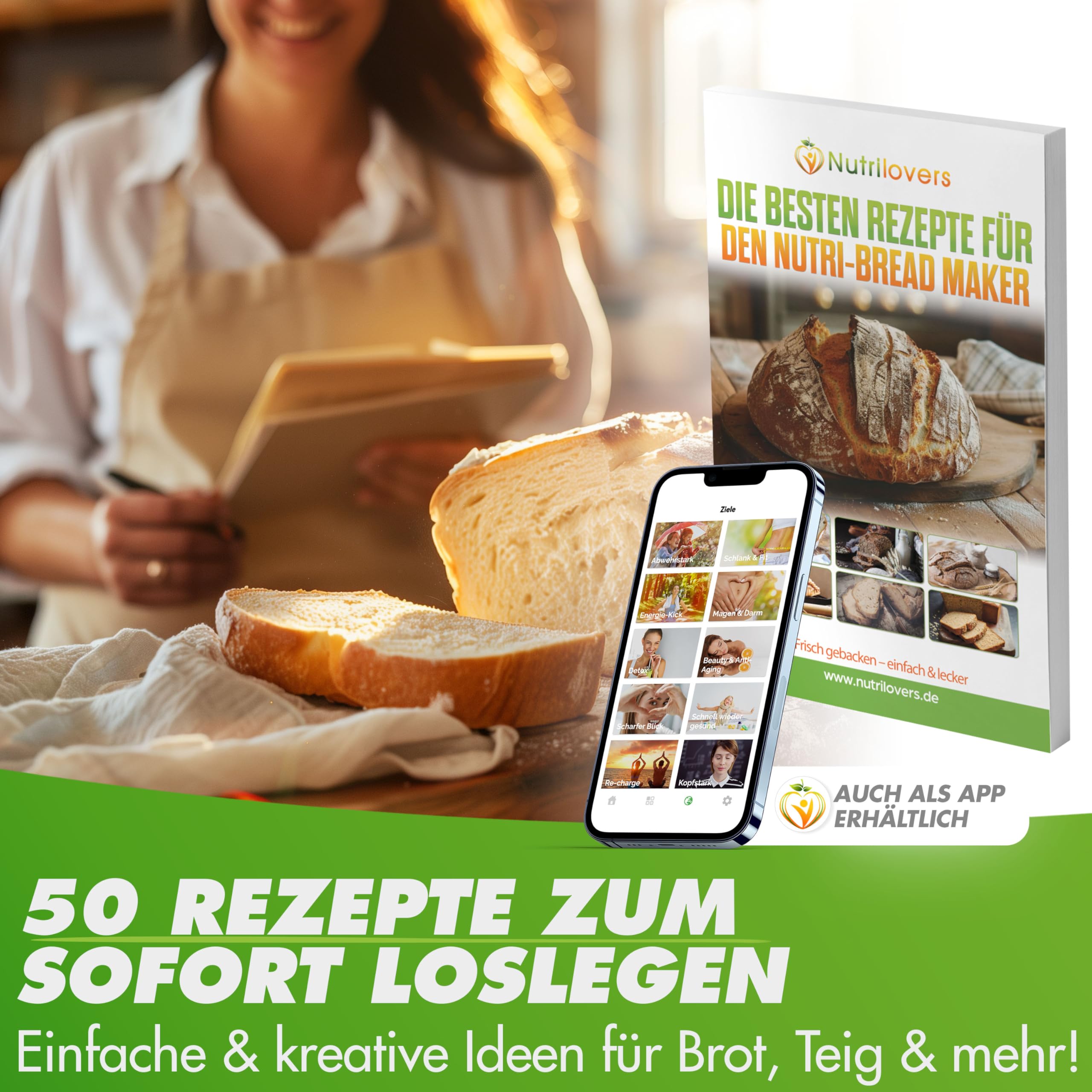 Nutrilovers NUTRI-BREAD-MAKER Edelstahl Brotbackautomat mit 19 Programmen, 3 Bräunungsstufen, Timer, 3 Brotgrößen (500g, 750g, 1000g) inkl. Rezeptbuch