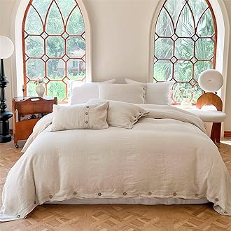 Simple&Opulence 100% Linen Duvet Cover Set 3pcs with Coconut Button Closure Natural French Washed Flax Solid Color Soft Breathable Farmhouse Bedding - Linen, California King