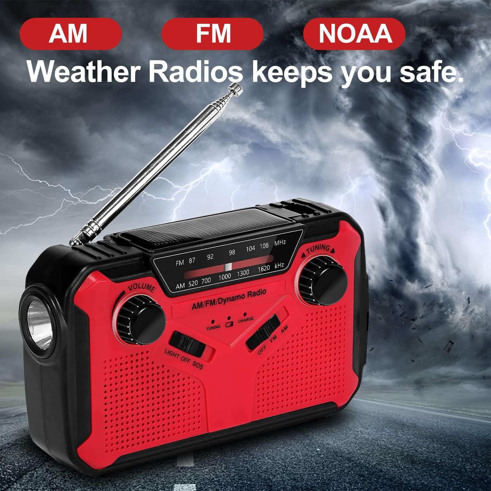 Radio Solaire Portable Radio d'urgence Météo 2500 mAh Radio à Manivelle avec AM FM Radio Dynamo Charge de Téléphone avec Lampe LED Alarme SOS Câble USB pour Randonnée Camping