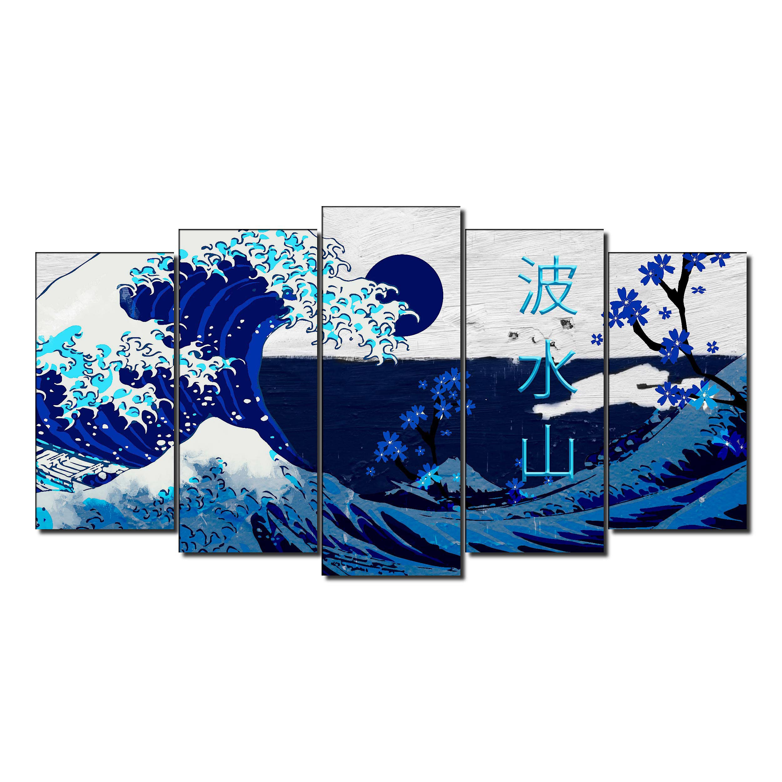 DekoArte - Cuadros Modernos Impresión Imagen Artística | 5 Piezas 150x80cm | Lienzo Decorativo Para Tu Salón o Dormitorio | Estilo Abstractos Arte La Gran Ola De Kanagawa azul