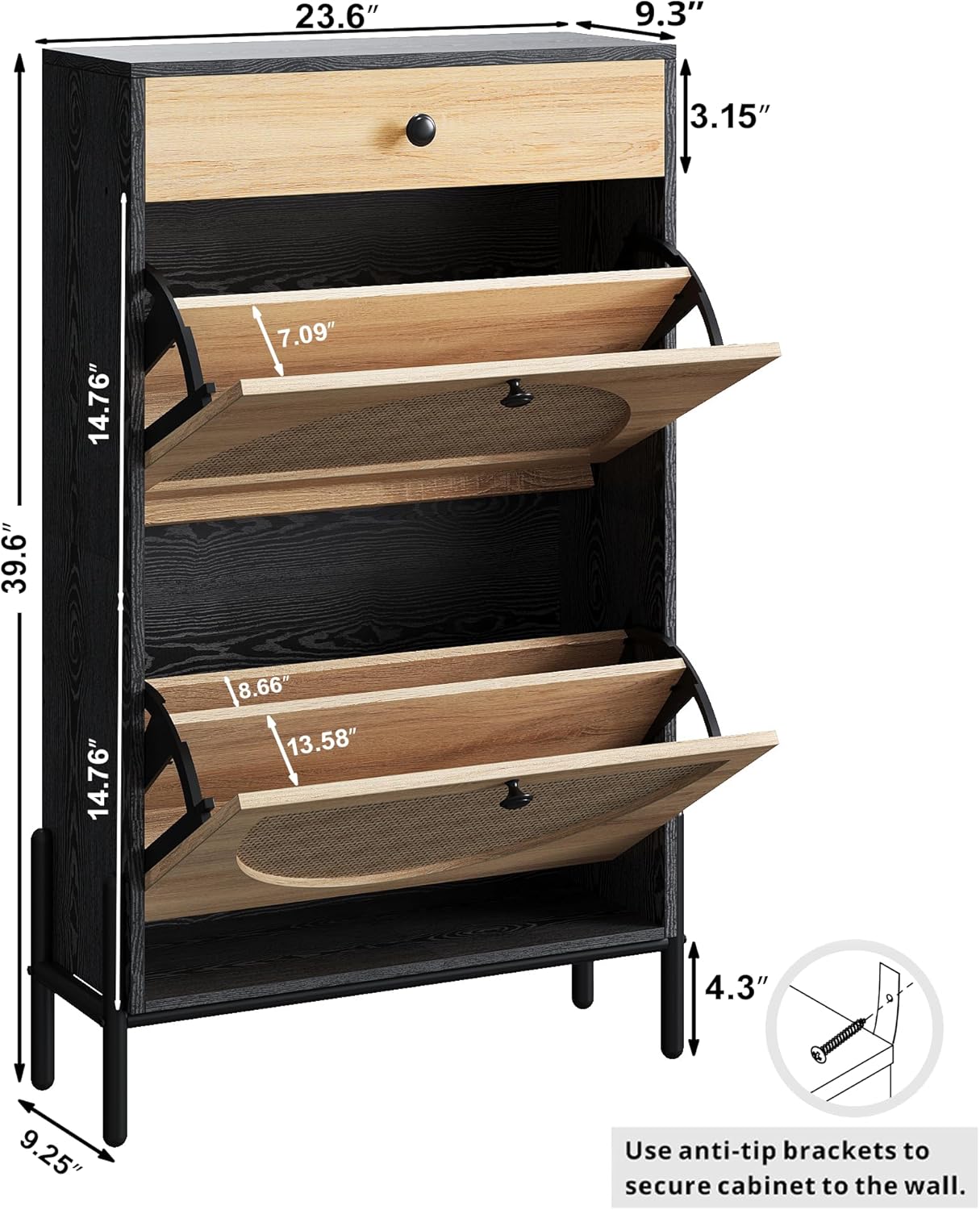 Diagram showing the dimensions of the IRONCK Shoe Cabinet and an illustration of the anti-tip bracket installation.