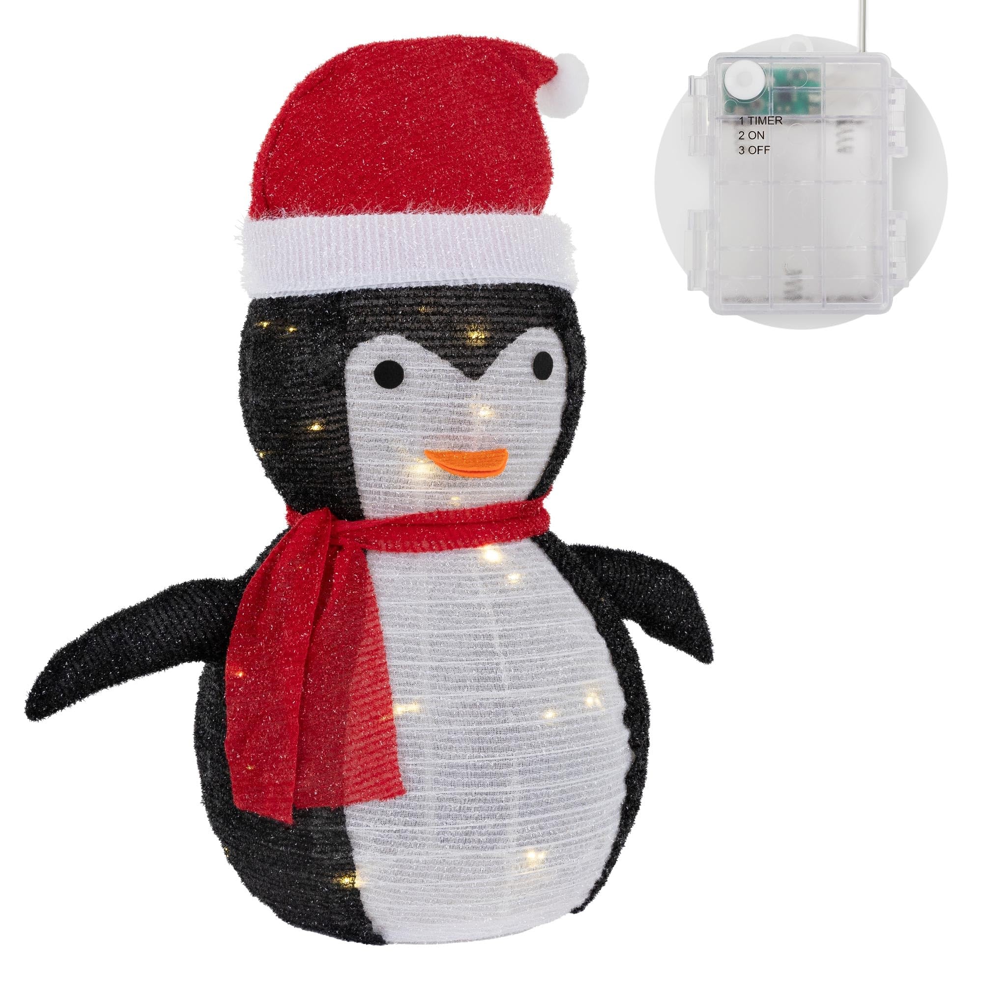 ECD Germany Pingüino Navideño LED 68 cm de Altura, Figura de Jardín Iluminada con 30 Luces LED Blanco Cálido con Temporizador para Interior/Exterior Plegable Decoración con Pilas Figura Decorativa