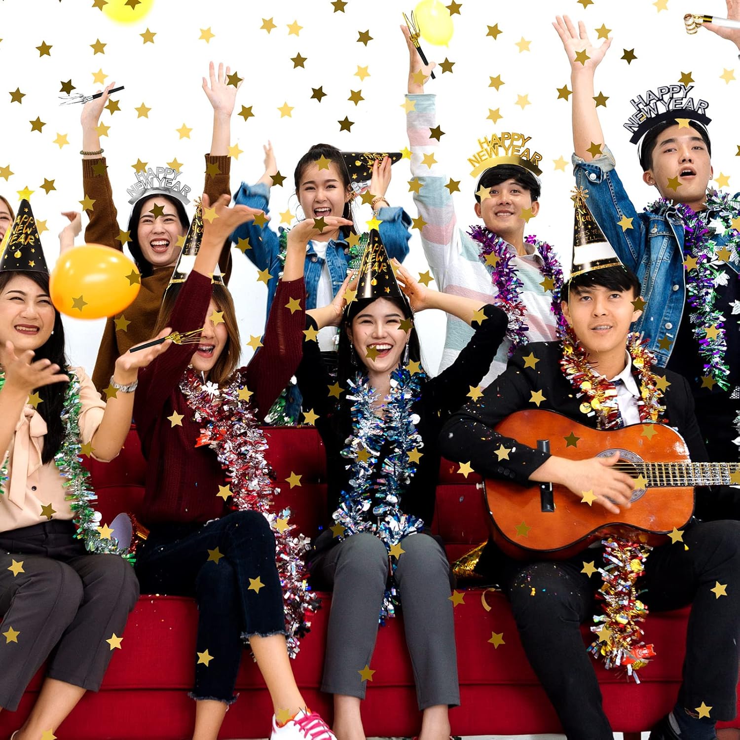 240 Pcs 2026 New Years Eve Party Supplies for 48 Cone Hat Glitter Tiaras Beaded Necklace Noisemaker Squawker Set