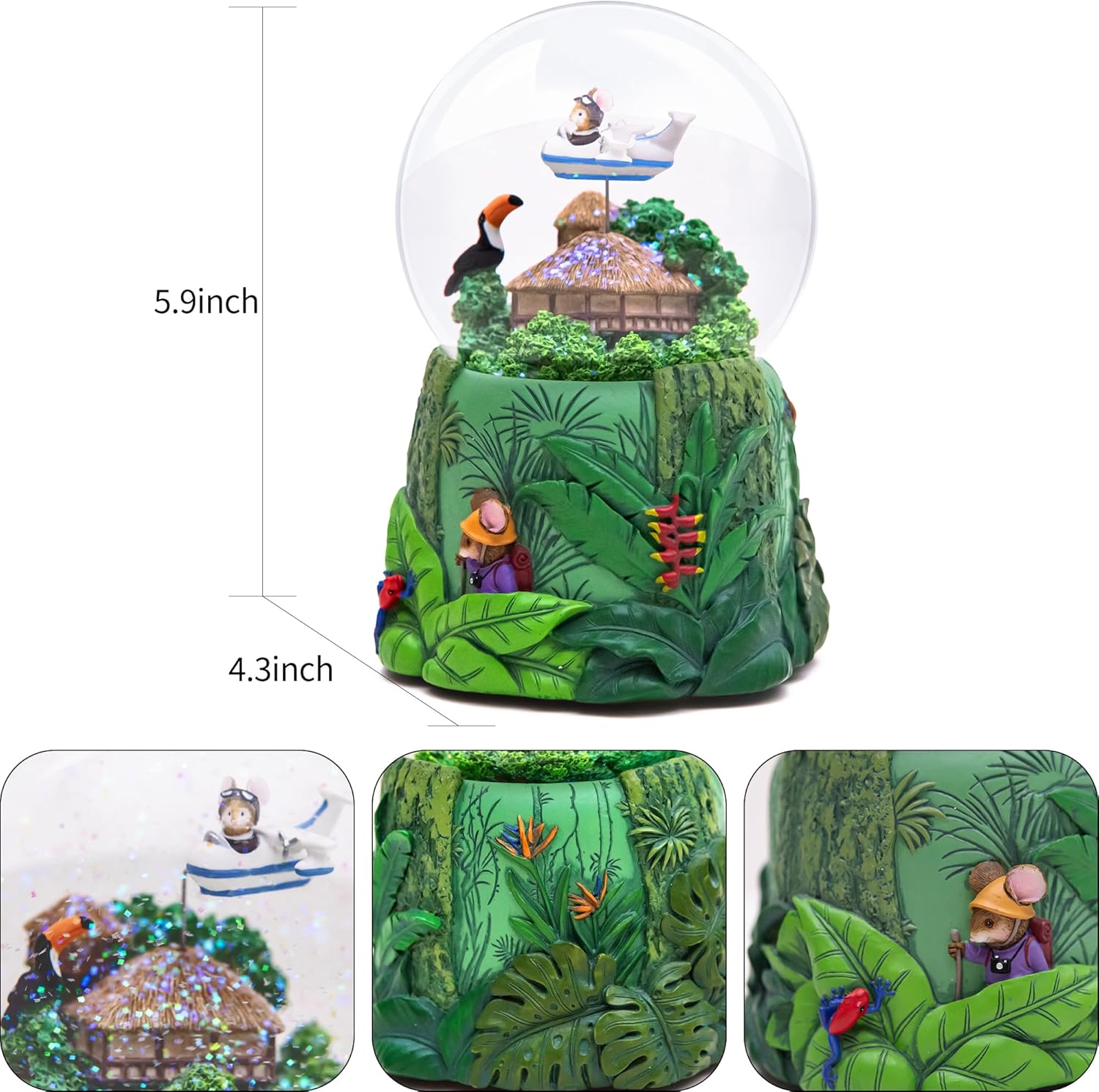 Mouse Adventure Snow Globe with Moving Airplane, Musical, Rotating Plane, Colorful Glitter, Jungle Explorer Theme, Home Décor, Unique Gifts for Birthday, Christmas, Holiday, Plays 'You Can Fly' Tune