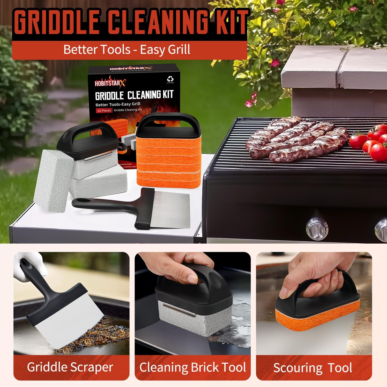 Grill-Reinigungsset für Blackstone, robuster Schaber und ergonomische Griffe | Kratzfeste Scheuerpads mit flacher Oberseite, Gusseisen, Öfen und Grillflächen, entfernt hartnäckiges Fett leicht