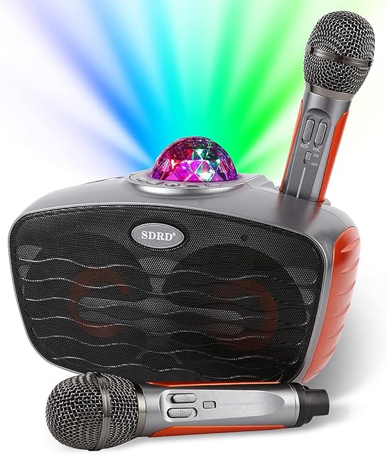 Bluetooth Karaoke Machine,Portable Pa System With 2 Wireless microphone,Disco Party Light,Speaker with USB/TF Card/AUX In,for home party,Meeting, Wedding, Church, Picnic, Outdoor/Indoor (Orange)