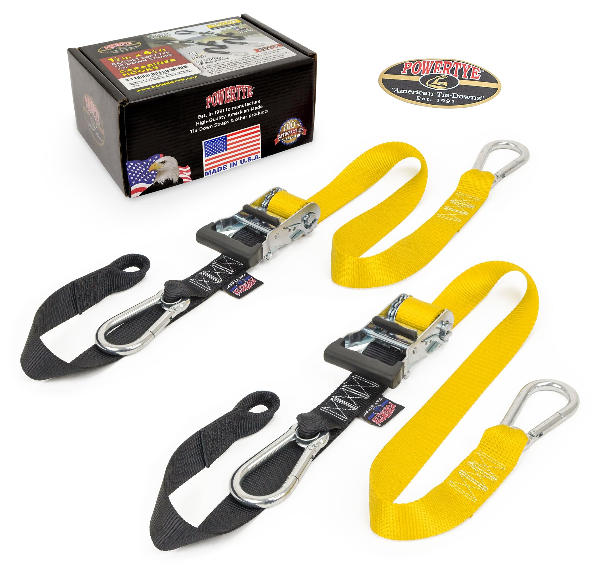 PowertyeMade in USA - Heavy Duty Ratchet Tie Down Straps with Carabiner Hooks & Sewn-in Soft-Tye, for Motorcycle, ATV, Trailer & Cargo, 1,000 lb WLL, 1.5 inch x 6.5ft Long, Yellow/Black (Pair)