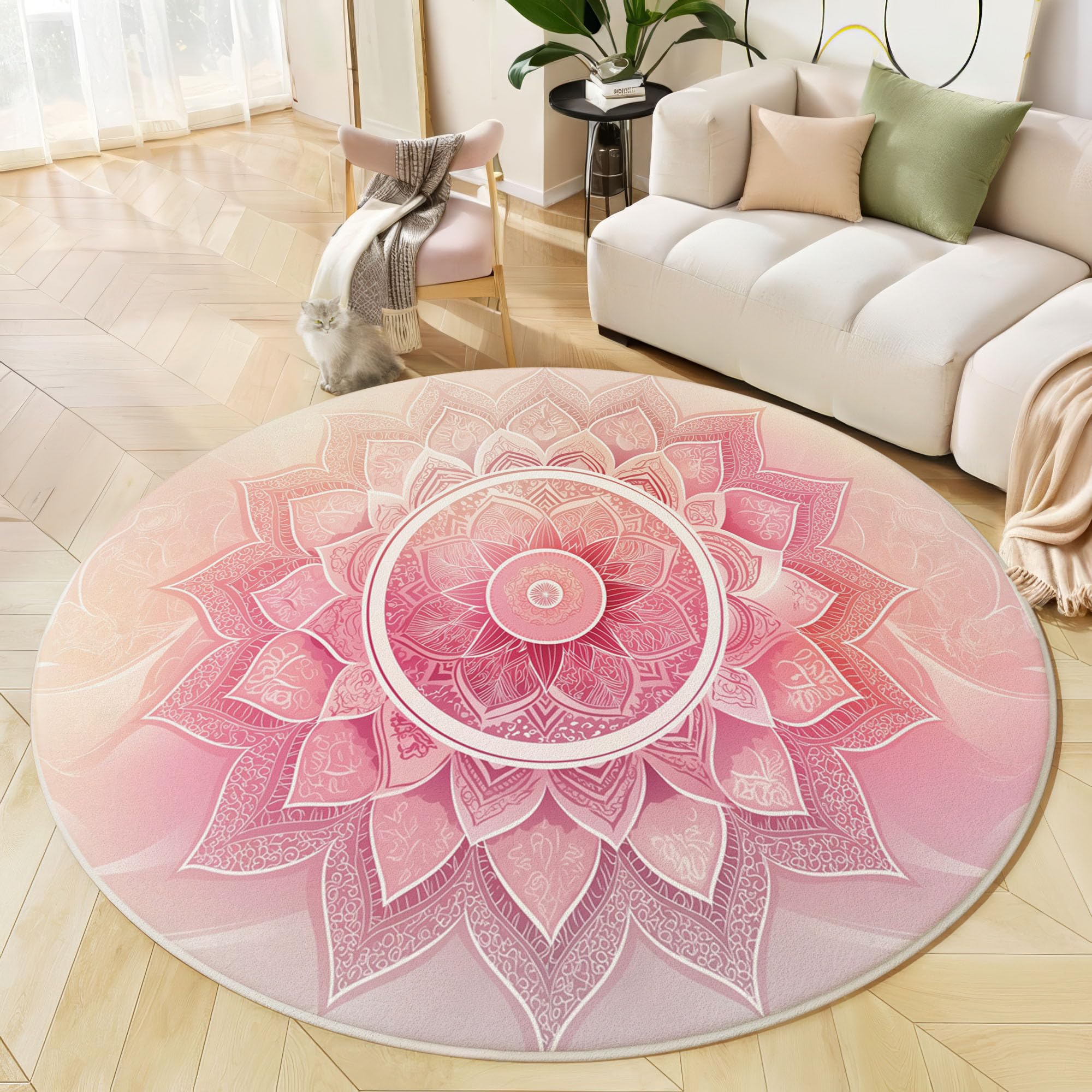 Tapis Rond à Poils Ras Mandala en Ligne Antidérapant Lavable Tapis de Sol Thème De Méditation Moquette Décoration pour Salon Chambre Canapé Descente de lit, 120 cm, Rose