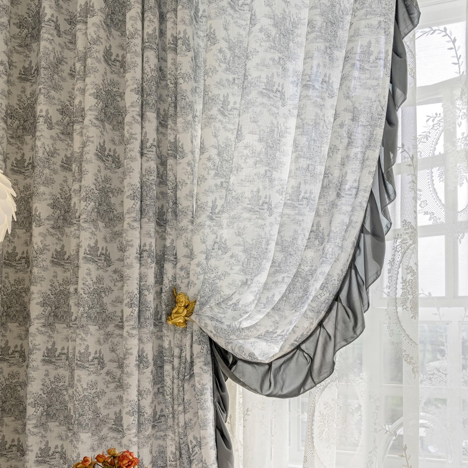 Epinki Voilage Rideaux Chambre Fleur Imprimé avec Volants Bleu Gris Coton Polyester 102x160cm Rideau à Oeillets, Lot de 2