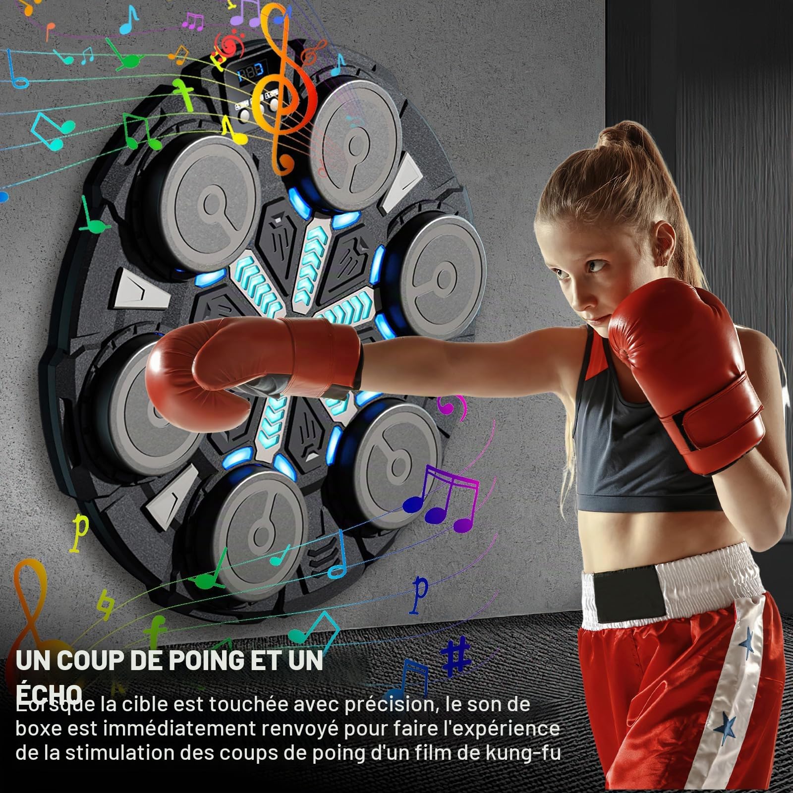 Machine de boxe musicale pour enfants, avec musique, gants de boxe, 6 modes de vitesse et 3 modes de numéro, Bluetooth, avec câble de charge USB, lumière LED pour enfants/adultes