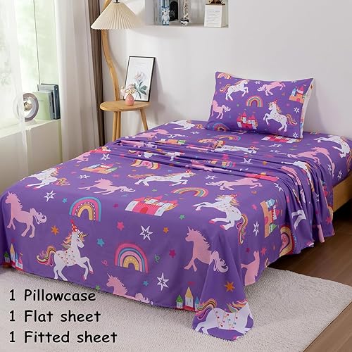 Miniatura 2 de Juego de sábanas de 3 piezas para niñas, tamaño individual, diseño de castillo y estrella arcoíris, unicornio, para niños y adolescentes, divertido