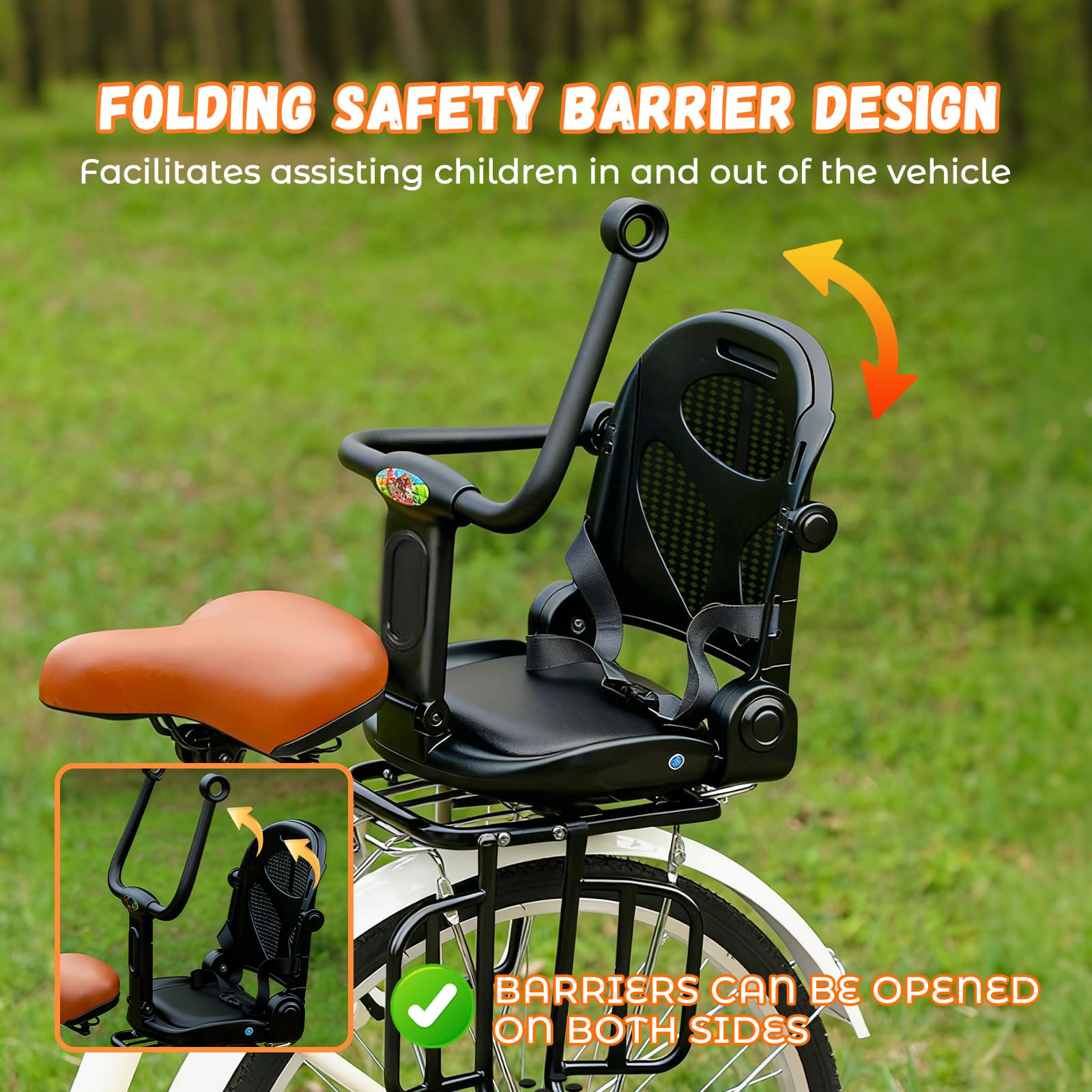 auvstar Silla Bicicleta niño Trasera,Asiento Trasero de Bicicleta con Respaldo,Ajustable para Sentarse o Reclinarse,Cojín de Asiento de PU con Barandillas de Seguridad y Reposapiés