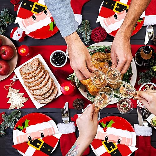 Miniatura 5 de Whaline Juego de 90 piezas de suministros de fiesta de Navidad platos de papel con patrón de Papá Noel de 9 pulgadas y cinturones de Papá Noel de 65