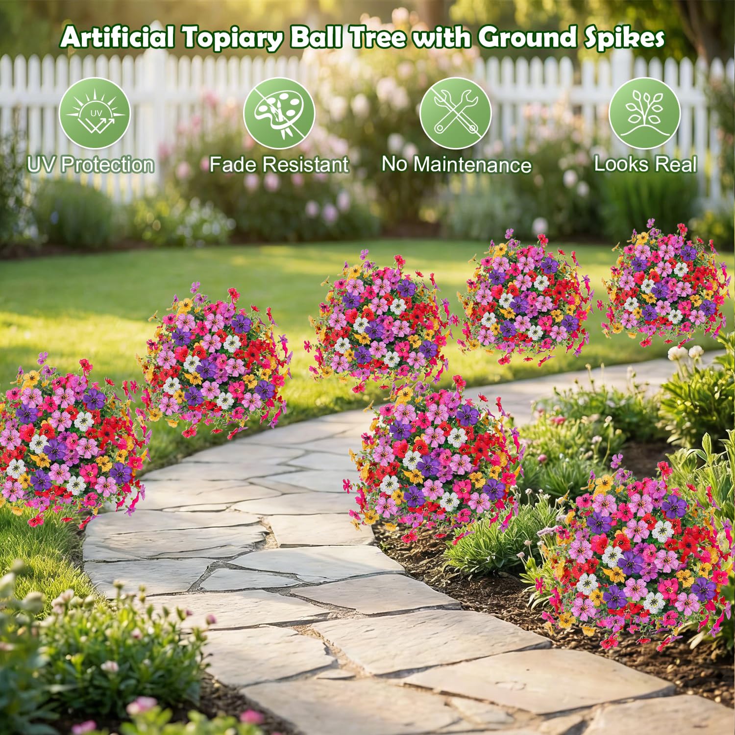2 alberi di bosso artificiali da 58,4 cm, resistenti ai raggi UV, con fiori viola, arbusto, piante artificiali, sempreverdi, per giardino,