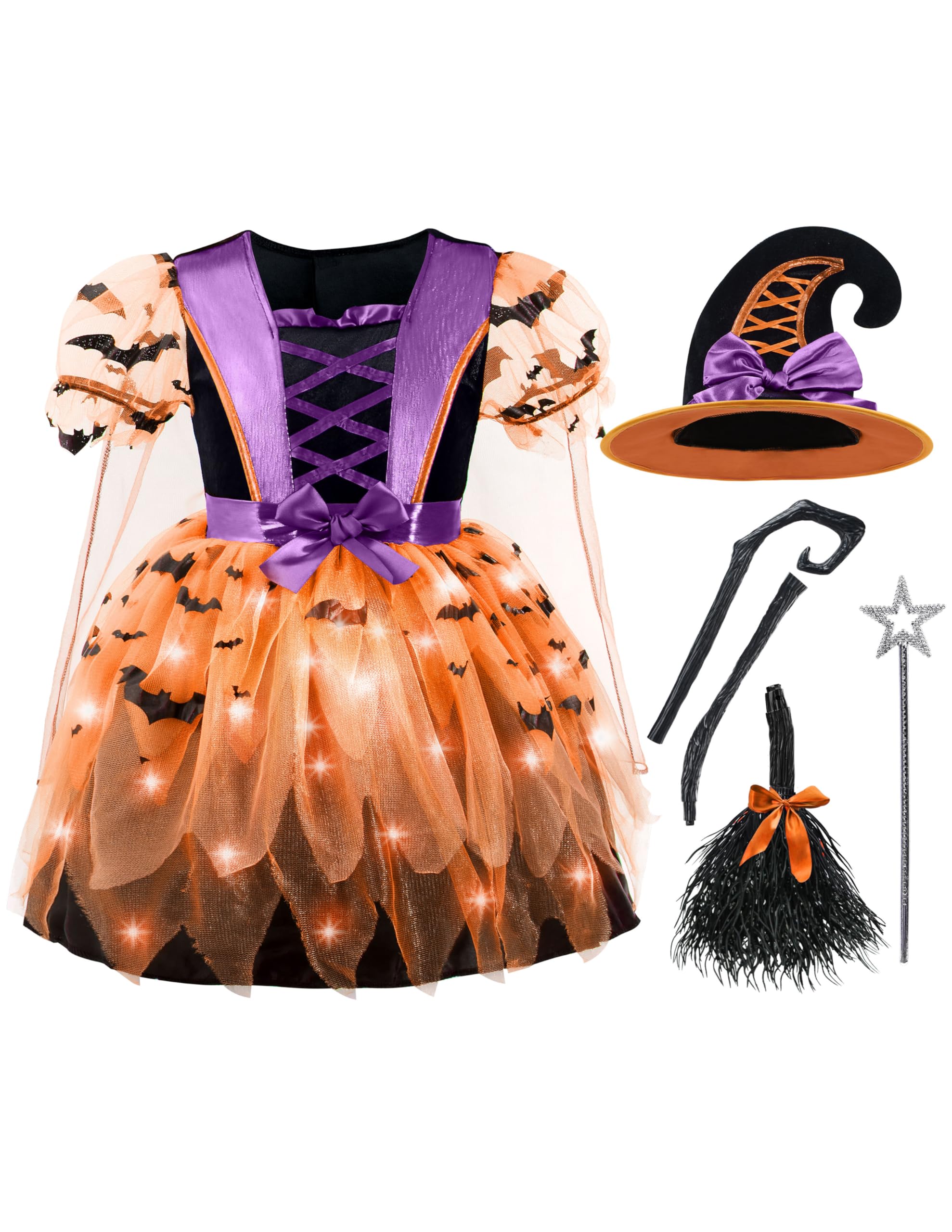 Spooktacular Creations Girls Light Up Witch Costume, Kids Witch Costume with Hat and Broom for Toddler Halloween Dress Party