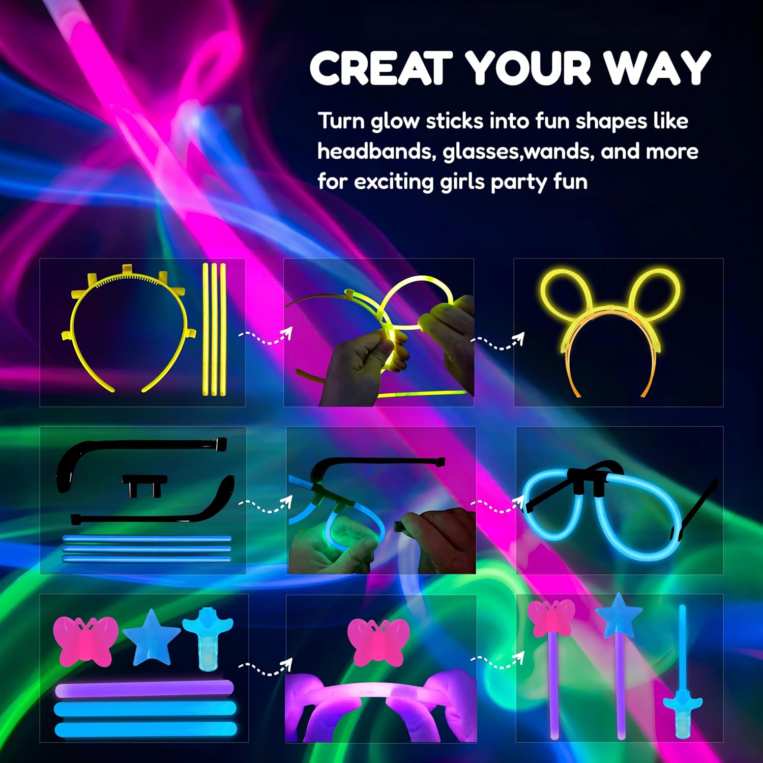 180 PCS Glow Sticks Bulk Party Pack, Glow in the Dark Party Supplies for Kids, Glow Party Favors & Accessories for Girls Birthday Party, Sleepover Slumber Party, Kids Party Favors Toys