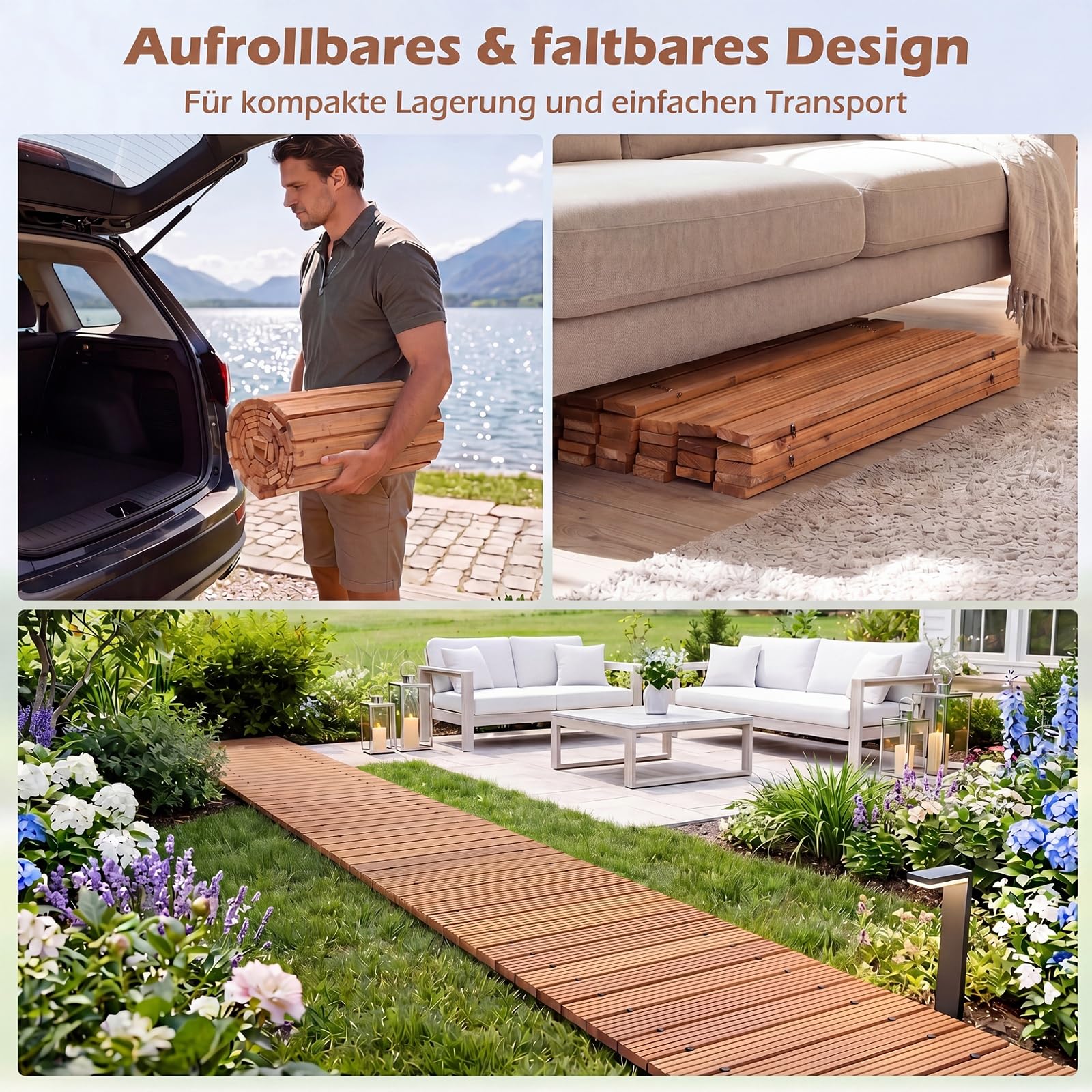 GYMAX 367 cm Rollweg, Holzpfad ausrollbar mit Rutschfester Oberfläche, wetterfester Gartentritt, tragbarer Gartenweg für Garten, Rasen, Strand, Hochzeit, Party (Natur)