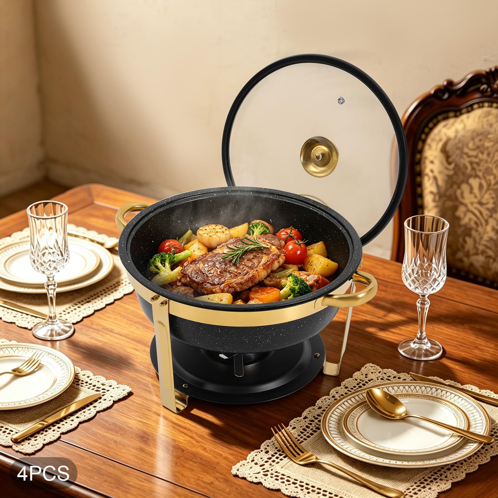 Calentadores Negros y Dorados for Buffet | Los marcos de acero inoxidable, las tapas de vidrio templado y las piezas apilables soportan el calor.(Gold)