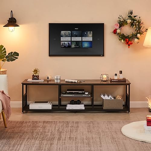 Miniatura 4 de VECELO Soporte de TV de hasta 62 pulgadas centro de entretenimiento consola multimedia almacenamiento abierto mesa de centro industrial con marco de