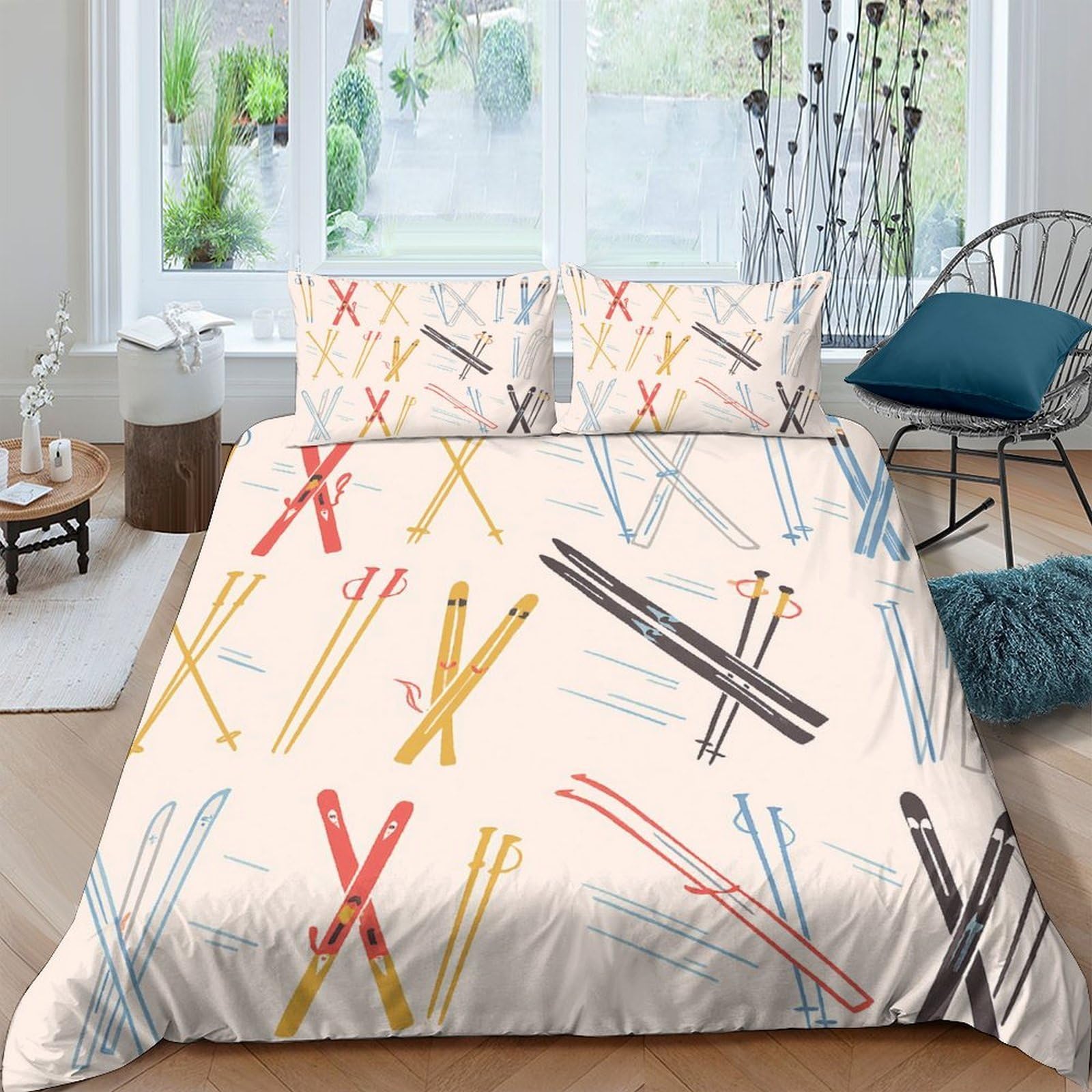 XFKLYNVCJ 3D Printed Ski Equipment Bedding Cover Soft Fabric Illustrated Winter Duvet Cover Lightweight Breathable for Young Adults Rental Apartment Teen Bedroom Use Single（140x200cm）
