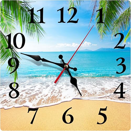Britimes Reloj de pared cuadrado silencioso sin tictac, funciona con pilas, 12 pulgadas, Palm Tropical Beach Summer Tree Decoración del hogar para