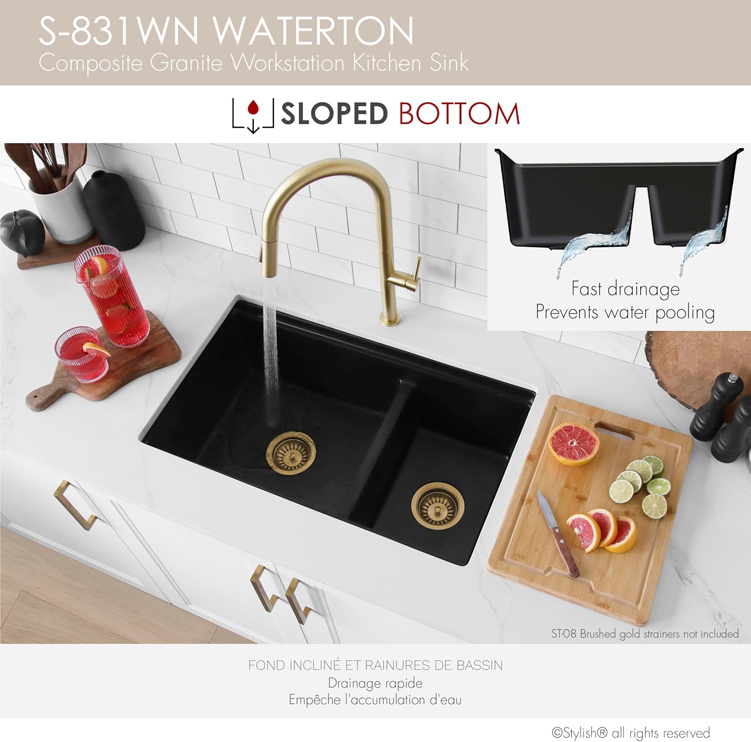 Stylish 30 x 18 Inch Composite Granite Workstation Kitchen Sink, 60/40 Double Bowl Under Mount & Drop in, 9.5 in Deep, Reversible, with Cutting Board, Colander, Colander & Strainer, Black, S-831WN