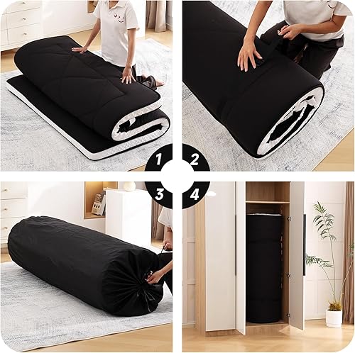 Miniatura 9 de Welnow Colchón de futón tamaño Queen, antideslizante, plegable, para acampar e invitados, color negro, tamaño individual