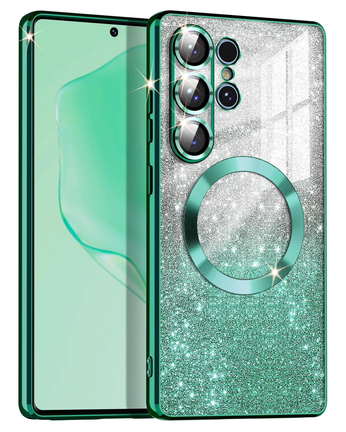 Casetego for Galaxy S25 Ultra 5G Case,Compatible with MagSafe,Clear Magnetic Glitter Gradient Sparkle Luxury Plated Soft TPU Bumper Full Camera Lens