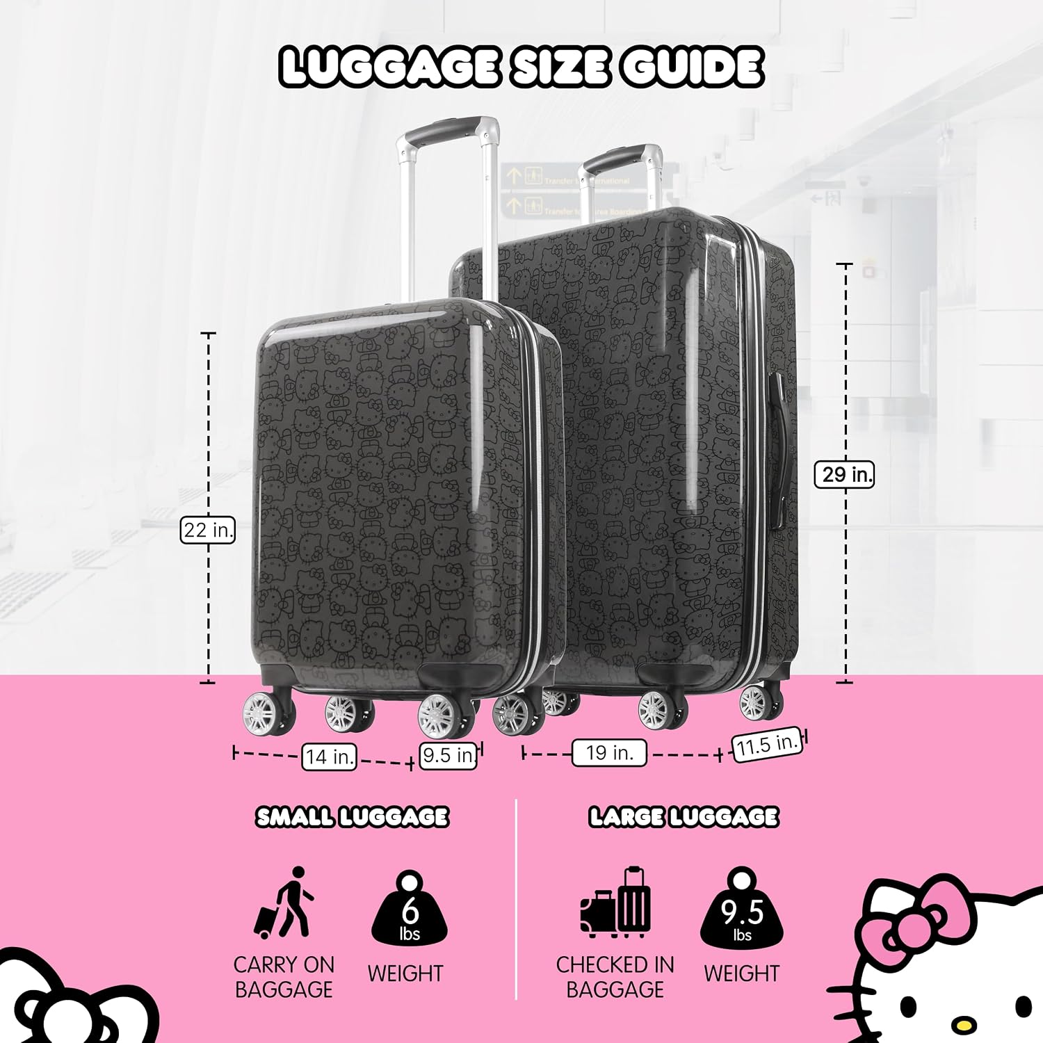 Concept One Hello Kitty 2 Piece Rolling Luggage, Hardside Suitcase with Spinner Wheels, 21 and 29 Inch, Black