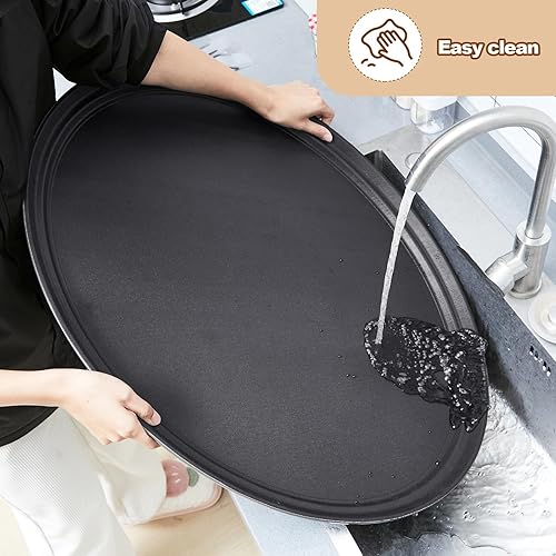 Miniatura 6 de FillTouch 2 bandejas de 24 x 29 pulgadas para restaurante, bandeja antideslizante de plástico PP negro, bandeja ovalada grande forrada de goma para