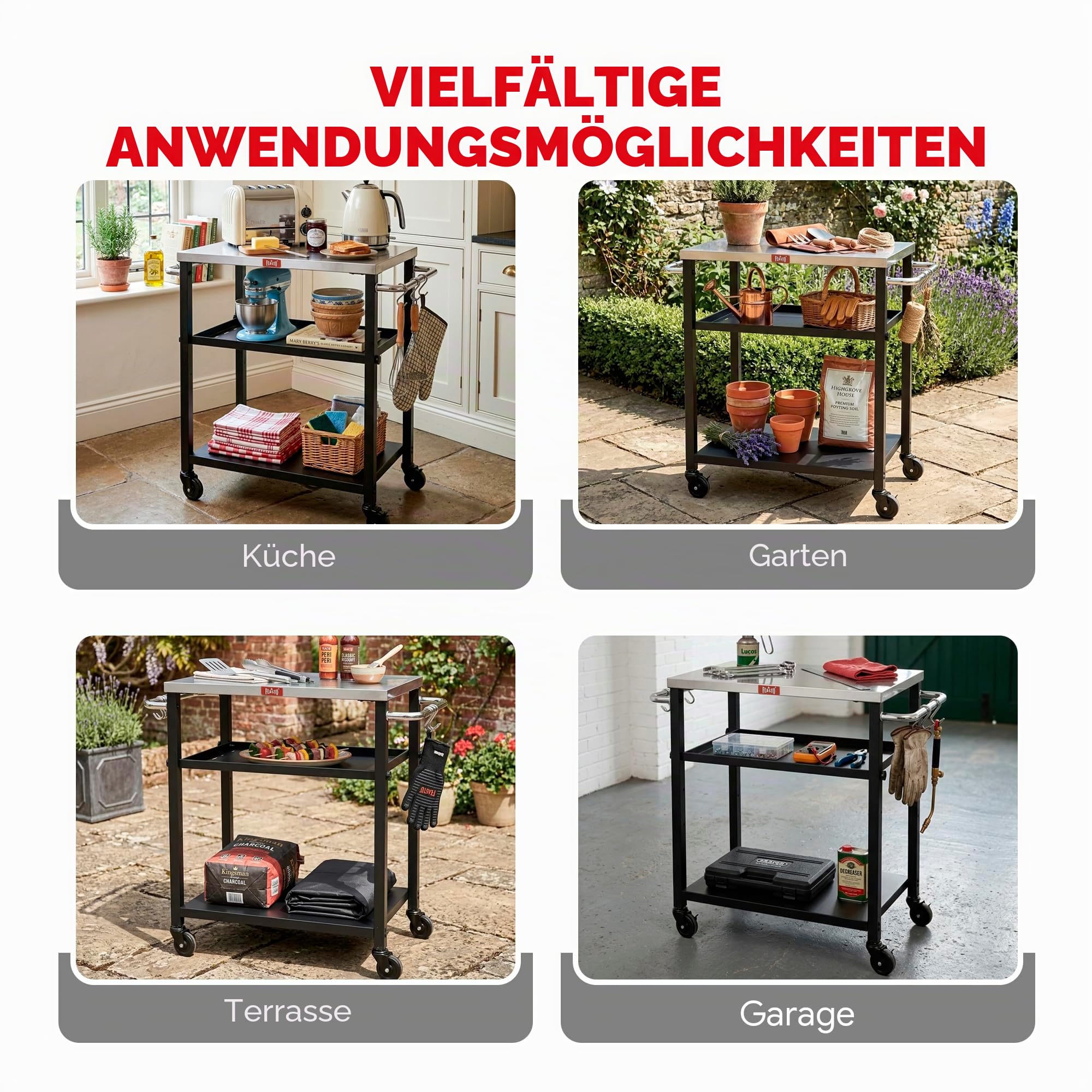 Feasto Rollender 3-stöckiger Verstellbarer Pizza-Ofen-Tisch und Lebensmittelzubereitung, für Zuhause und Außenbereich, multifunktional, funktioniert auf Vier Rädern, L 86xB 40xH 84 cm