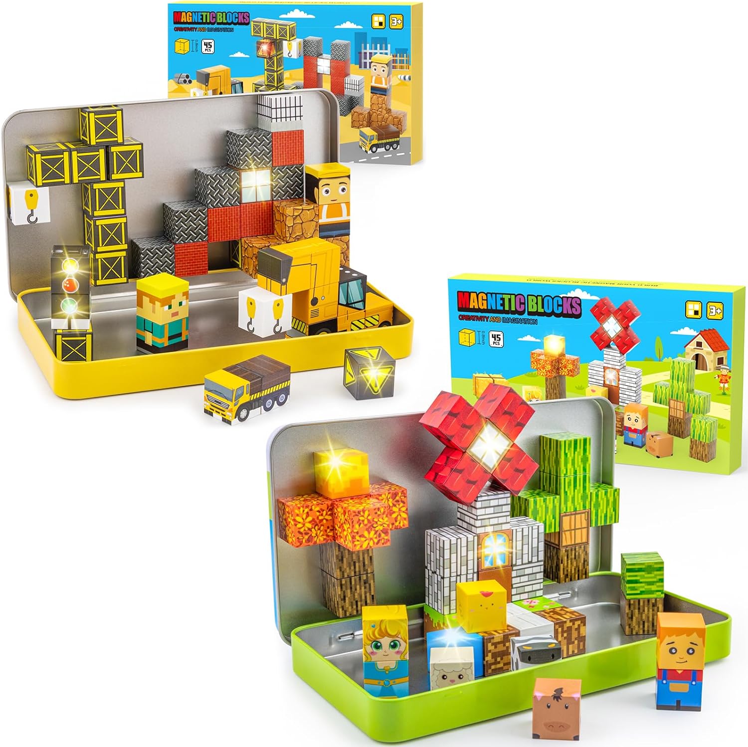 Aywewii Travel Magnetic Blocks 45 PCS Travel Games for Kids Ages 3-5, Magnet Building Cubes STEM Learning Set with Iron Case - Portable Building Toys for Boys and Girls