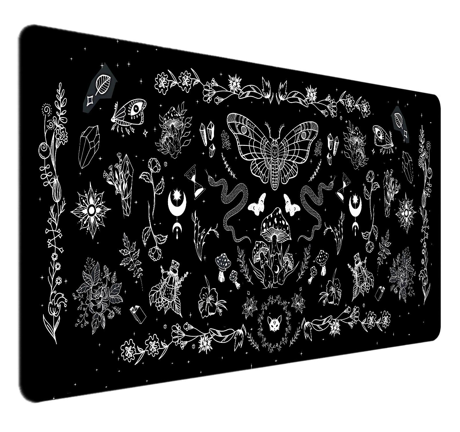 HUOCAIREN Goth Desk Mat, Black Occult Large Gaming Mouse Pad, Halloween Witchy XXL Computer Mousepad, Celestial Mushroom Desk Pad Office Gifts