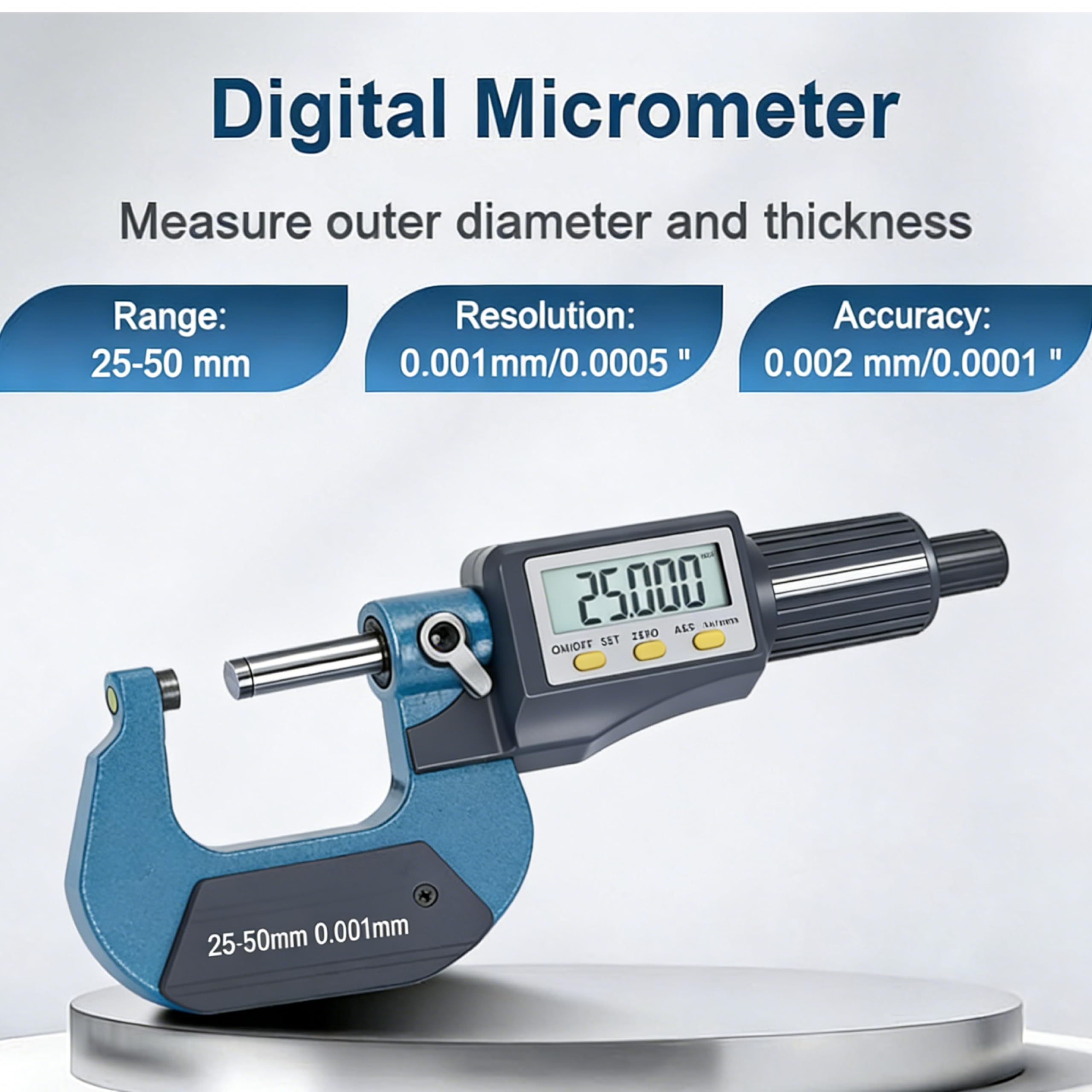 Micrometro Digitale 25‑50mm, Micrometro Esterno Elettronico LCD, Alta Precisione Micrometro Millesimale calibro Digitale Professionale Spessimetro Digitale Strumenti Di Misura, 0.001mm/0.00005"