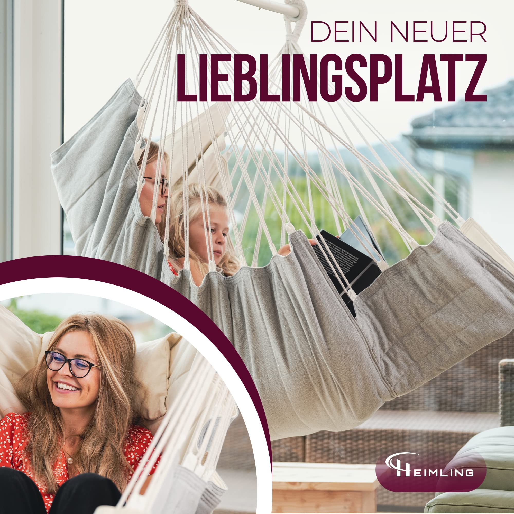HEIMLING Hängesessel High-Class Outdoor & Indoor XXL [All Inclusive Paket mit Aufhängung + 3 Kissen] Kinder & Erwachsene bis 150 kg | Hängematte Wohn- Schlafzimmer, Garten Balkon Terrasse