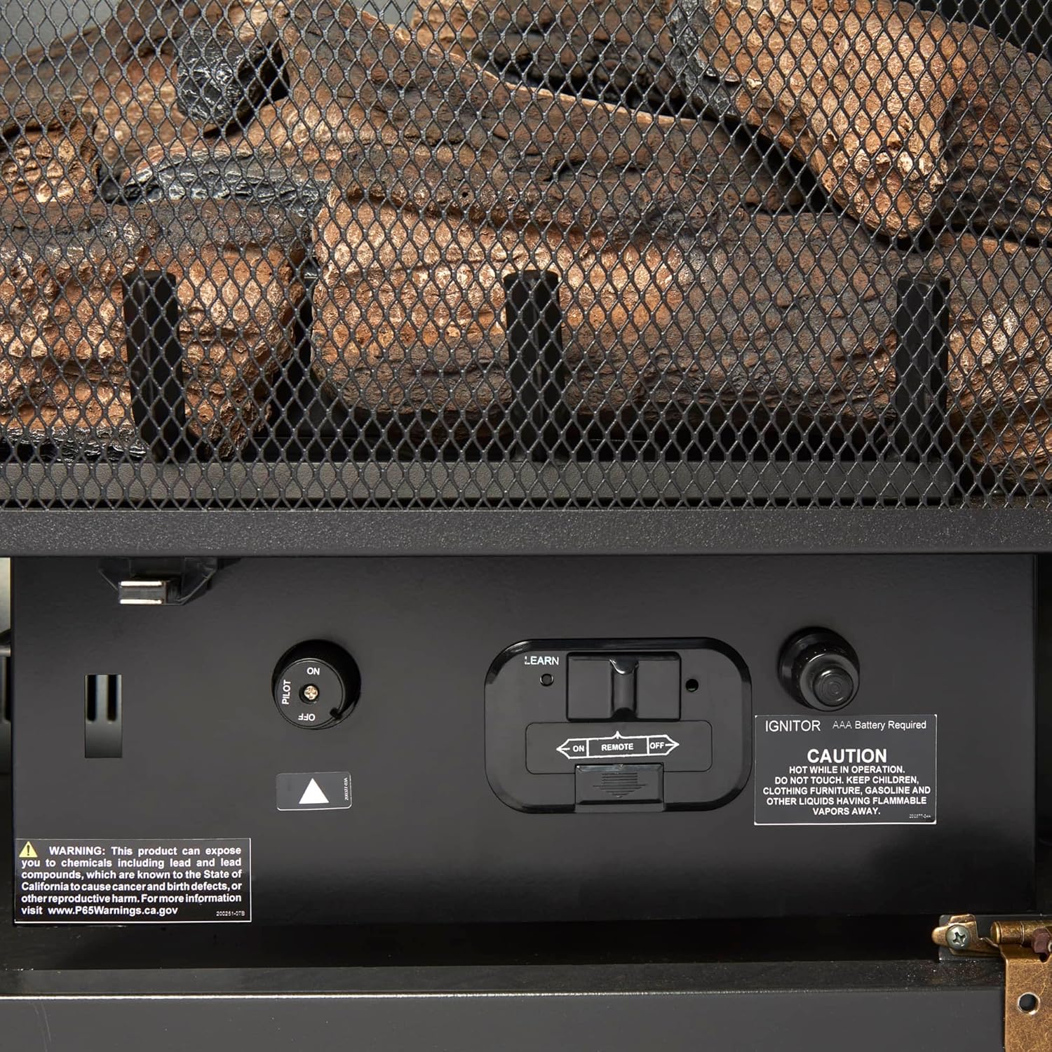 Close-up of the Duluth Forge fireplace control panel with ignition button and gas valve