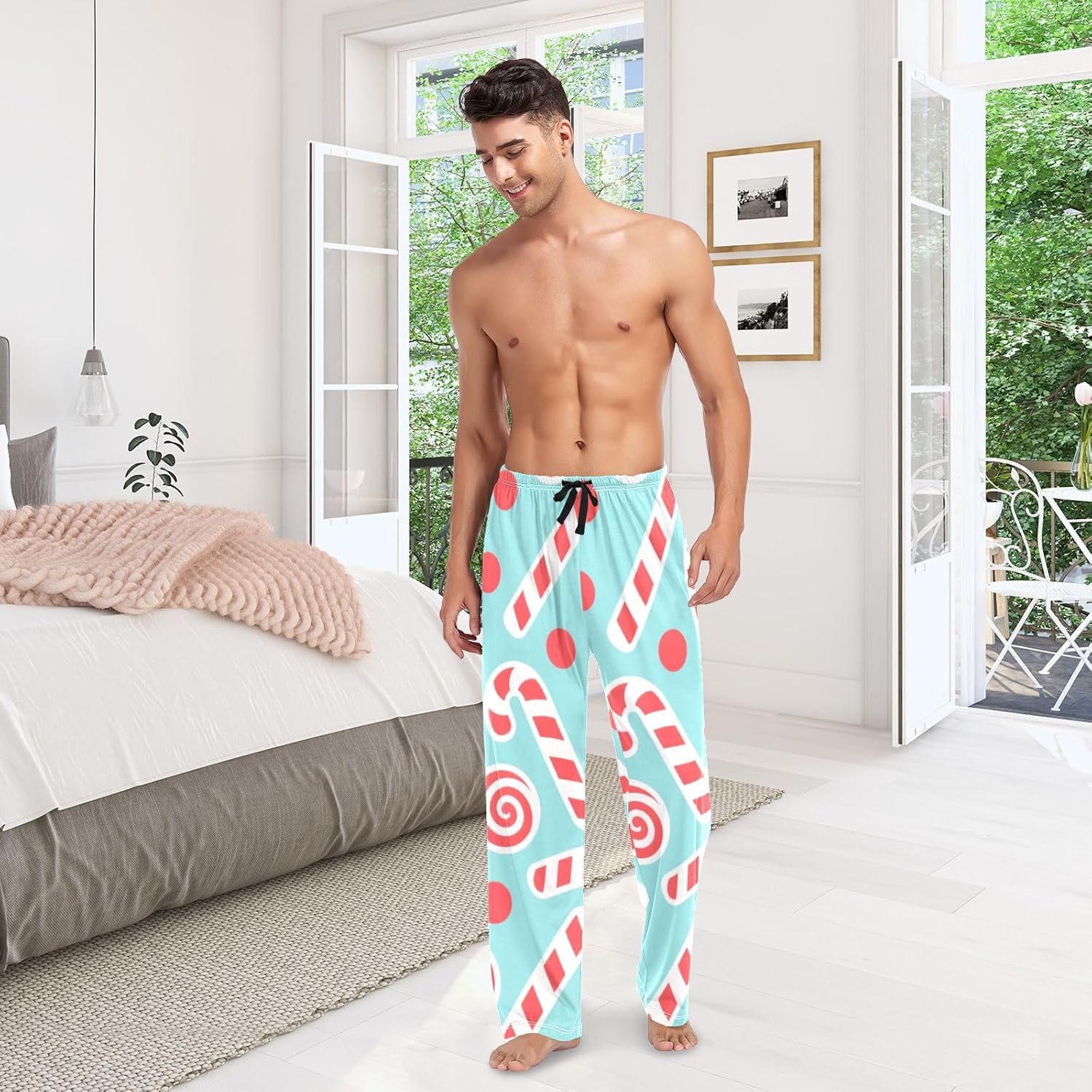 susiyo Christmas Candy Cane Lollipop Mens Pajama Pants Loose Fit Thin Pj Bottoms for Men