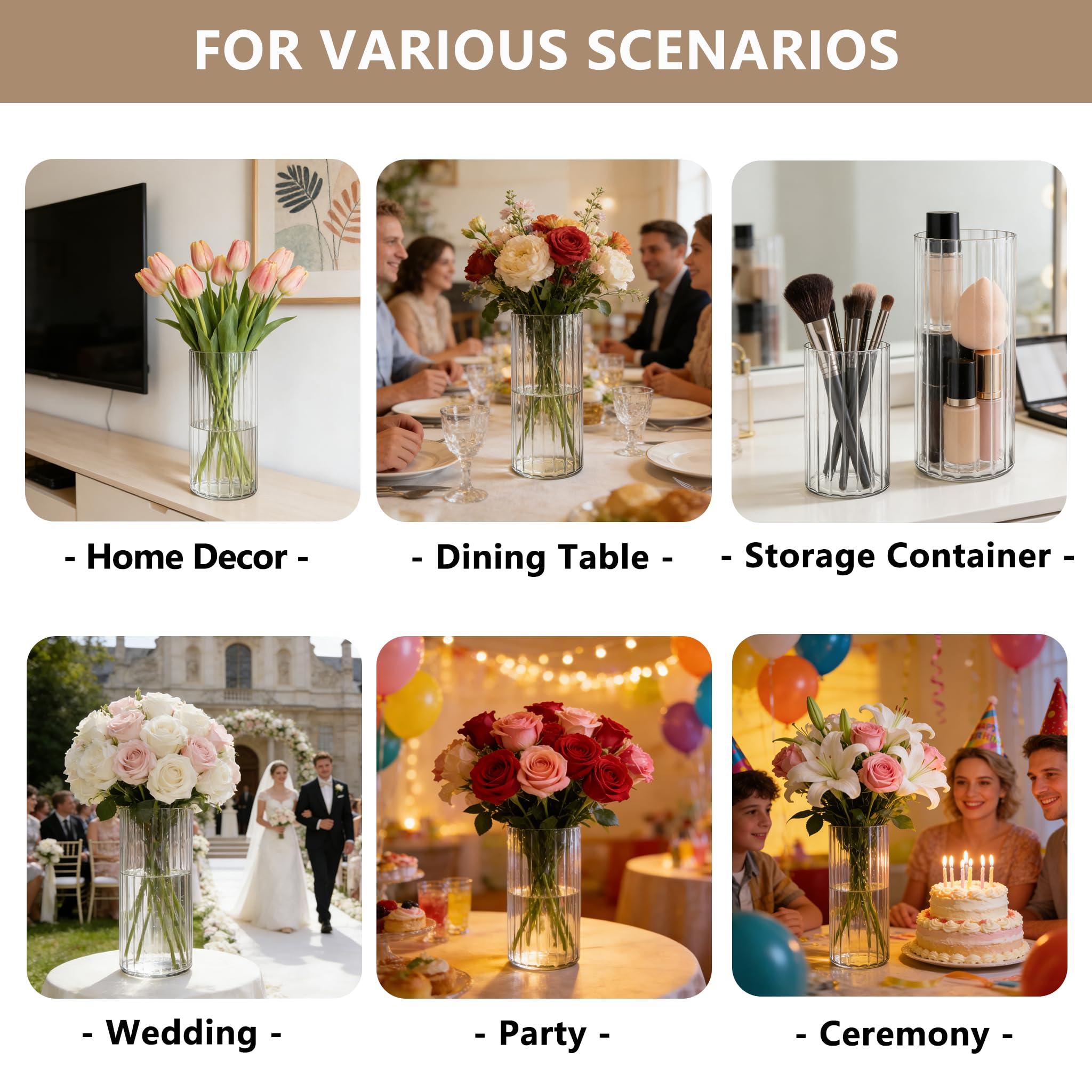2er-Set Acrylvasen Transparent – Bruchsichere Kunststoff-Zylindervasen, Geriffelte Design Vasen Klar für Hochzeit, Tischdeko, Blumenarrangements, Wohnzimmer, Büro (10x30 & 12x35cm)