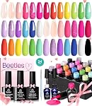 Beetles Summer Gel Nail Polish Set 24pcs Jelly Neon Hot Pink Orange Green Blue Purple Color with White Black Liner Gel Polish and Base Top Coat Nail Art Pen Gifts for Women Fancy Pop