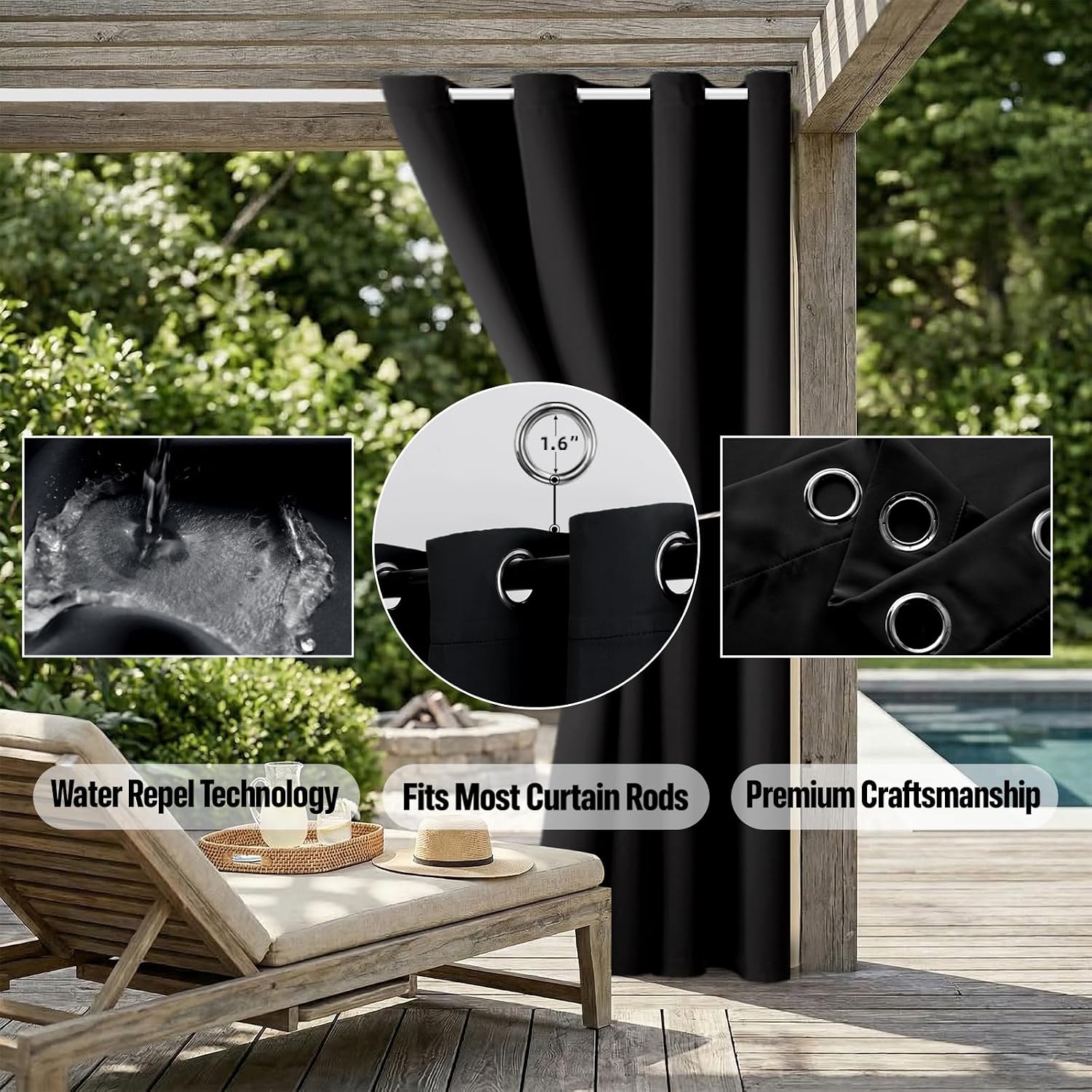 DIVA EN CAMINO DEC Outdoor Patio Curtain Waterproof Darkening Thermal Insulated Indoor Curtains for Bedroom, Porch, Living Room, Pergola, Cabana, W52 x L95, Black, Set of 2 Panels