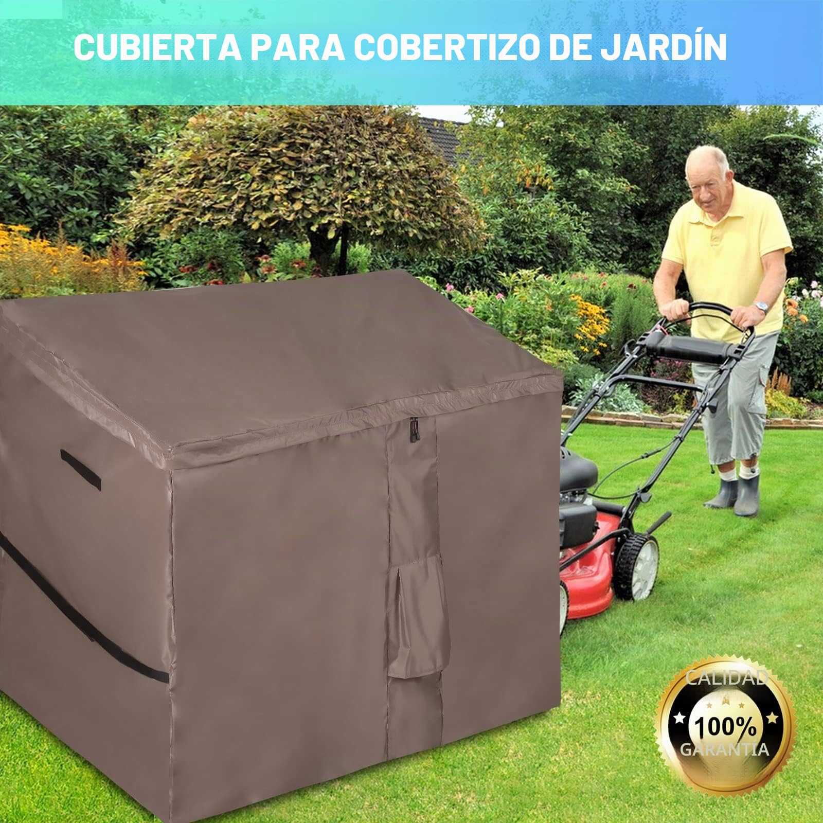 Funda para Cobertizo de Jardín, Cubierta de Baúl de Almacenamiento Exterior con Tapa de Apertura Rápida, Para la Serie Store It Out, Impermeable, 420D Oxford Marrón (147*86*125cm)